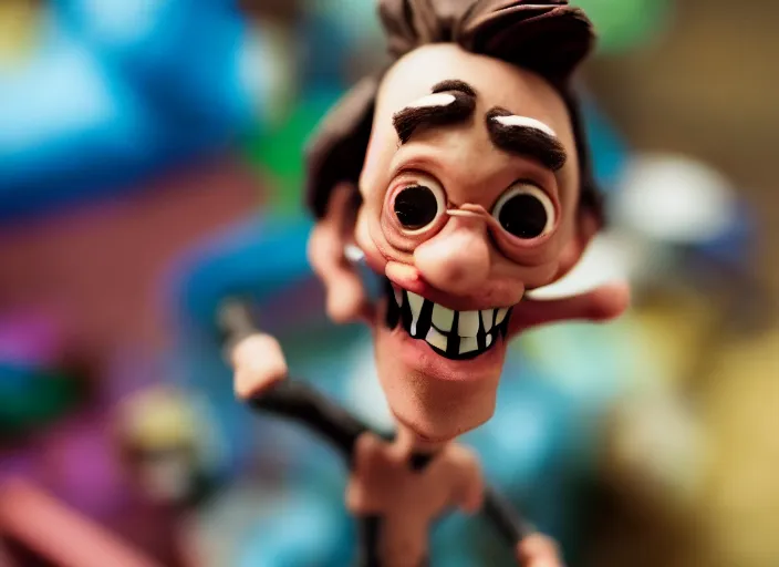 Prompt: cinematic screenshot portrait of a stop motion claymation film about a goofy wacky adventure starring ace ventura, shallow depth of field, 1 8 mm, f 1. 8