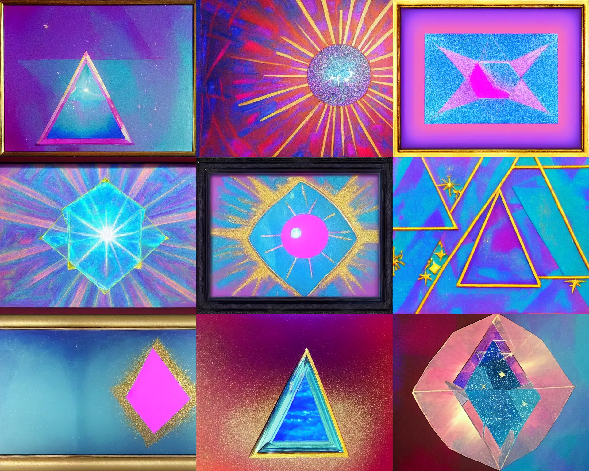 Prompt: painting of a blue crystal sky, crystal triangle glitter, 🫖 fourth dimension impossibly shaped painting, gold framed painting 🔮, backrooms level found footage reality emulation, pink sun