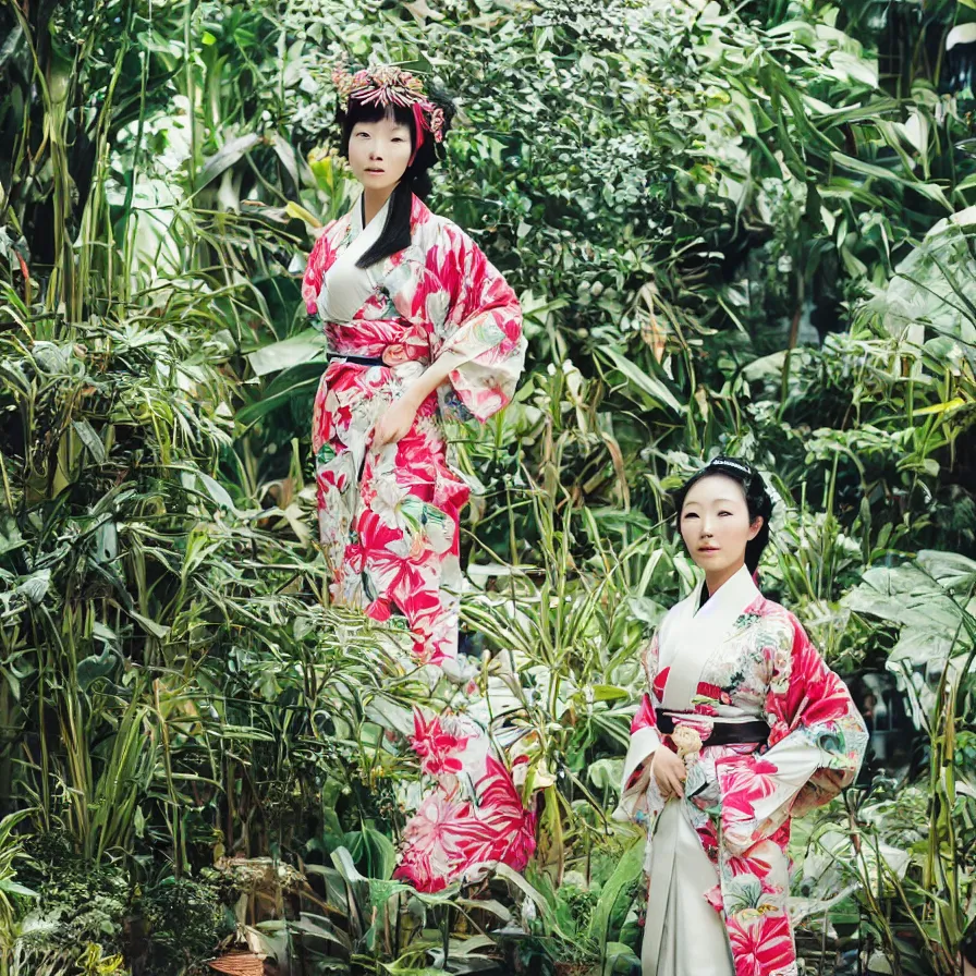 Prompt: photograph of a beautiful Japanese woman wearing a pretty kimono in a tropical greenhouse, by Annie Leibowiz, extremely detailed, large format camera, Fuji Provia, bokeh, photorealistic, trending on artstation, trending on instagram