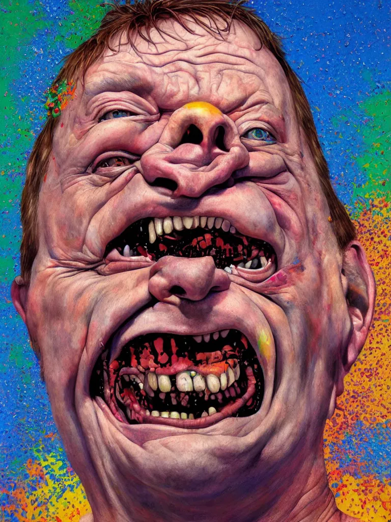 Image similar to hyper realistic painting, head of mark e smith from the fall laughing maniacally, outer glow, by chuck close, lisa frank, simon bisley, and richard corben, very intense, depth of field, depth perception, hyperdetailed, rich deep vivid colours, sharp focus, directional lighting
