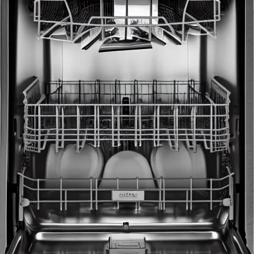 Image similar to The inside of a dishwasher has a single rusty frying pan, studio lighting, professional photography