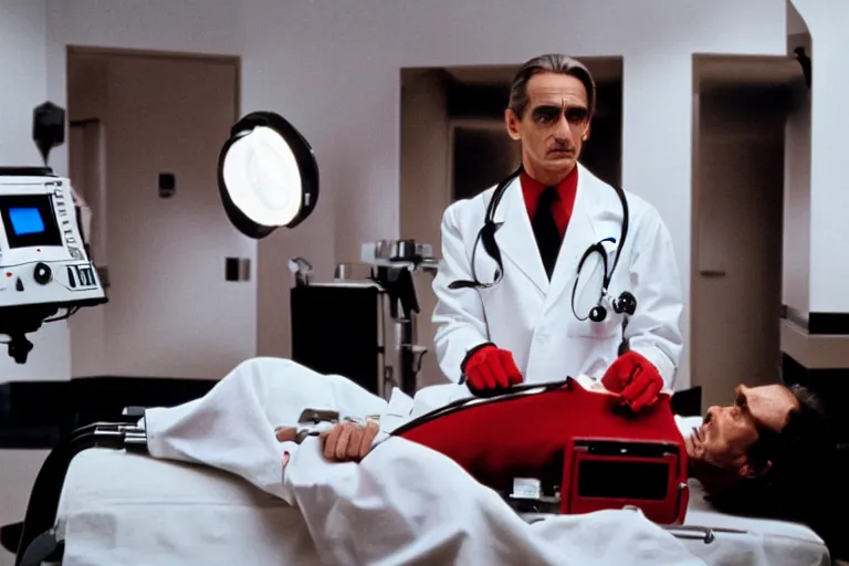 Image similar to a scene from the movie dead ringers with clean shaven jeremy irons, dark cinematic lighting, heavy black and red palette and color contrast, medical equipment, movie directed by wes craven