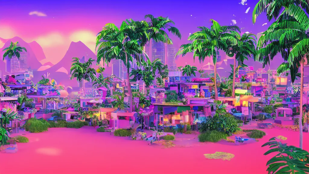 Prompt: village in a vaporwave jungle, 4k, ultra realistic, award winning photograph