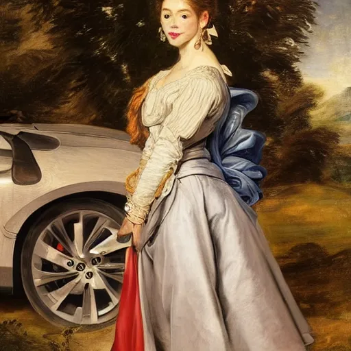 Image similar to heavenly summer sharp land sphere scallop well dressed lady standing next to a honda civic, auslese, by peter paul rubens and eugene delacroix and karol bak, hyperrealism, digital illustration, fauvist, standing next to a honda civic