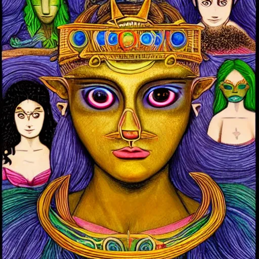 Image similar to godesses, three eyed, hairy bodies, third eye in middle of forehead, wide shot, hairy bodies, in water, colors, eye in forehead, pins, very detailed, wet eyes reflecting into eyes reflecting into infinity