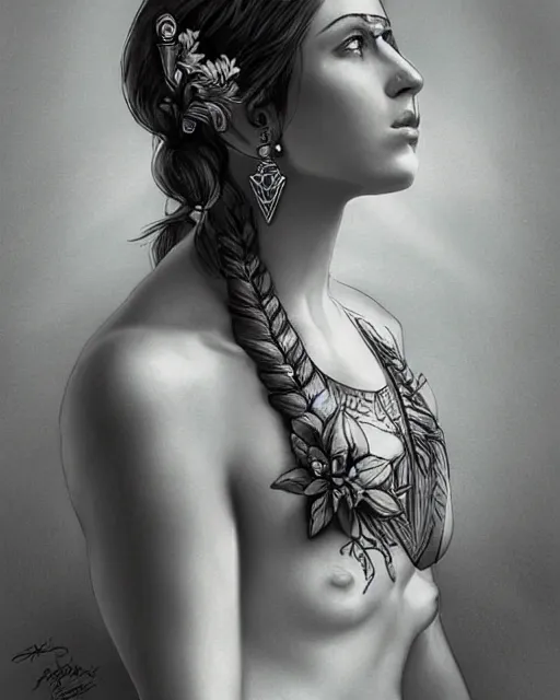 Prompt: realism tattoo sketch of hana soukupova as a beautiful greek goddess aphrodite with piercing eyes wearing a laurel wreath and triangle earrings, in the style of greg rutkowski, amazing detail