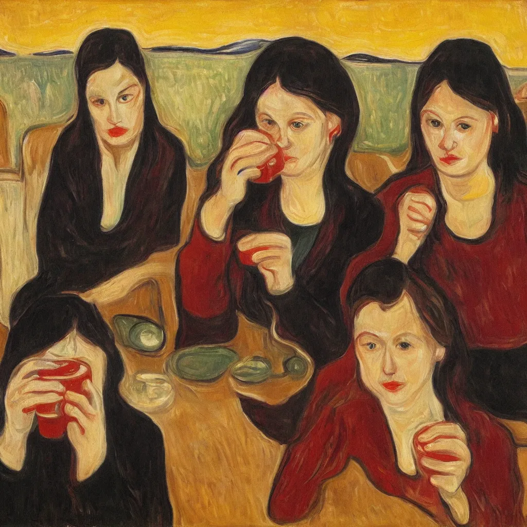 Prompt: two women drinking coffee, oil on canvas, detailed, artwork by edvard munch