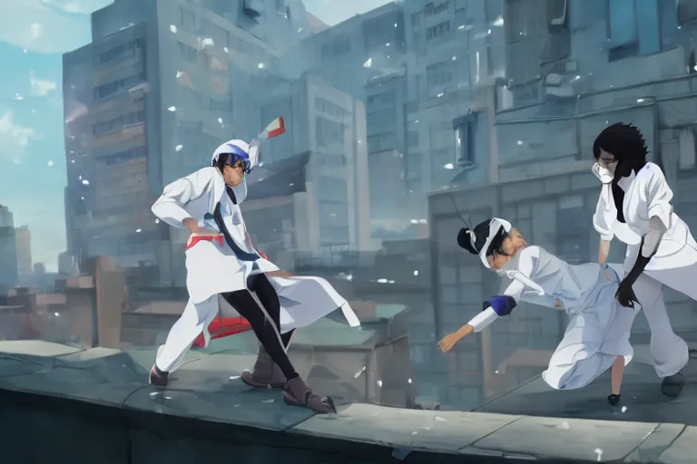 Image similar to a cute young female ninja nurse wearing white coat is attacking an old custodian on a harlem rooftop, lighting, anime scenery by Makoto shinkai