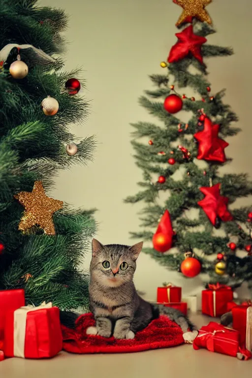 Prompt: retro photo cat in cute baby dress on the background of a retro christmas tree with 1 9 7 0 new year's toys, ussr, sovet ; kodak ektar, 2 0 0 iso, 3 5 mm lens, bill henson style beautiful chiaroscuro lighting, beautiful colour palette, beautiful and realistic, wide shot