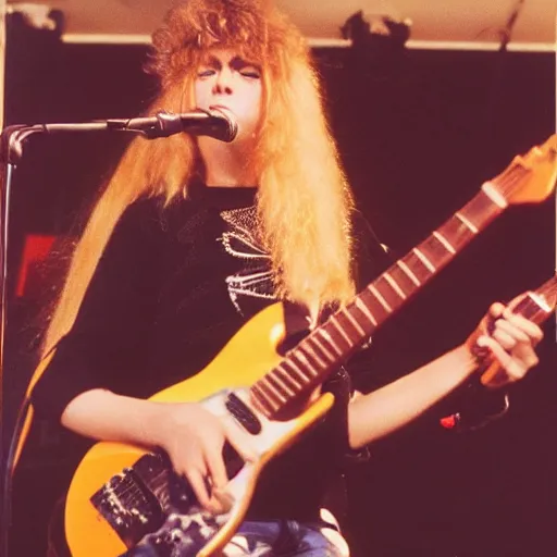 Image similar to 19-year-old women holding electric guitars, long shaggy blonde hair, permed hair, New Wave of British Heavy Metal, live in concert, concert footage, Great Britain, 1981 photograph, 16mm photography