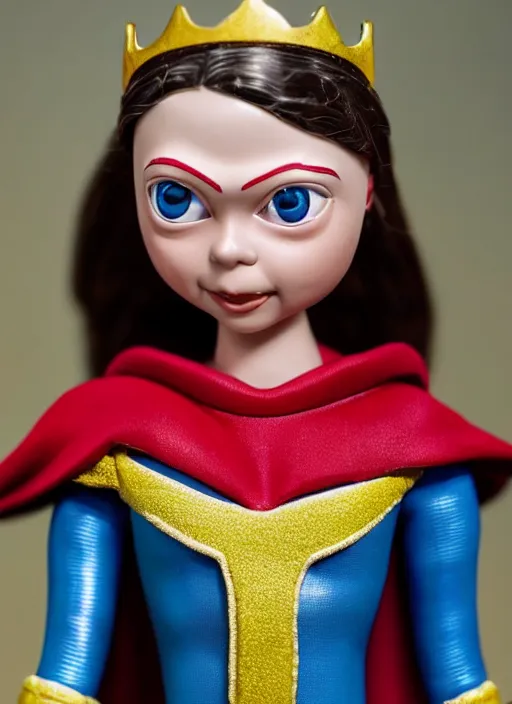 Image similar to closeup face profile portrait of a tin toy greta thunberg as supergirl as a fairytale princess wearing a crown, bikini, depth of field, zeiss lens, detailed, fashion photoshoot, by nicoletta ceccoli, mark ryden, lostfish, breathtaking, 8 k resolution, extremely detailed, beautiful, establishing shot, artistic, hyperrealistic, octane render
