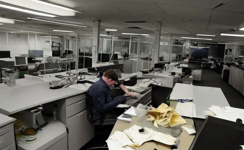 Image similar to dark control room, lonely man faces away working at desk eating old sandwich, sandwich, leaking oil, drip, sweat, tannoy, strange