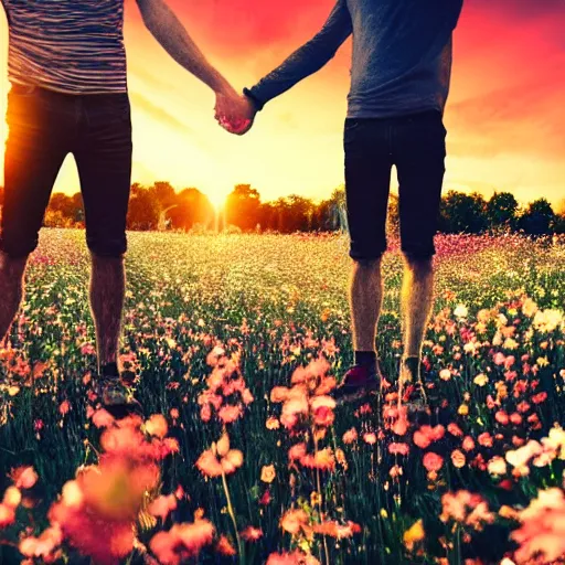 Image similar to a gay couple holding hands in a field of flowers at sunset, realistic, intricate, 4k