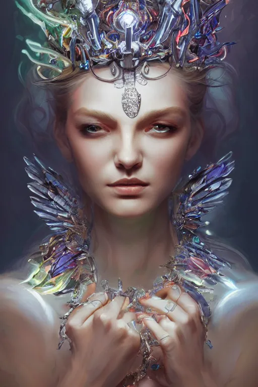 Prompt: beautiful model face coreved with diamonds wearing crystals, diamonds, angel, fantasy, dramatic lighting, highly detailed, digital painting, holding electricity, magic the gathering, hyper detailed, 3 d render, hyper realistic detailed portrait, peter mohrbacher, wlop, ruan jia