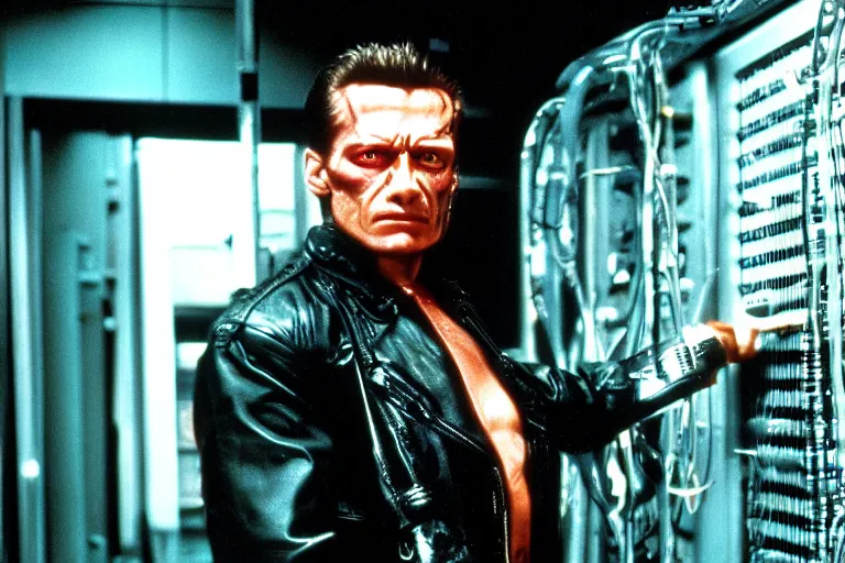 Image similar to t 8 0 0 from movie terminator 1 9 8 4, staying in data center.