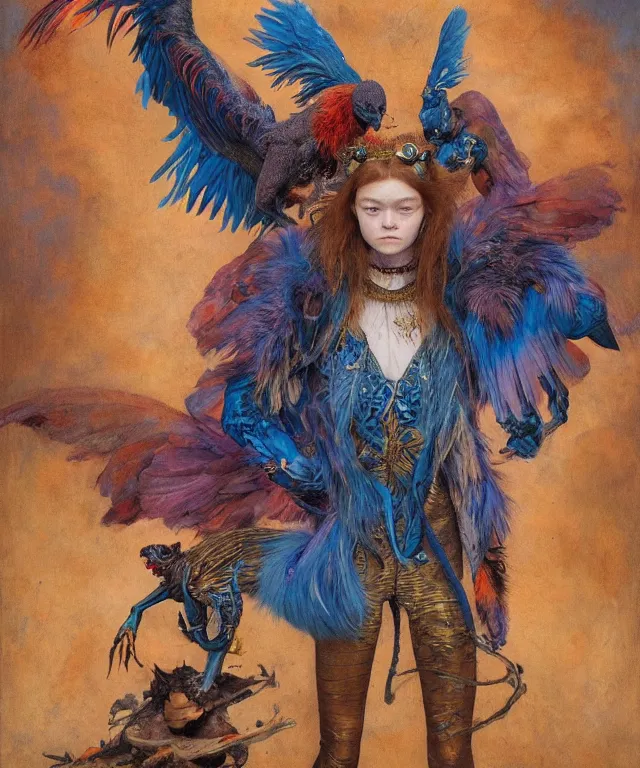 Image similar to a portrait photograph of a meditating fierce sadie sink as a colorful harpy bird super hero with blue fur. she is mutated and has alien skin grafts and cyborg body modifications. by donato giancola, hans holbein, walton ford, gaston bussiere, peter mohrbacher and brian froud. 8 k, cgsociety, fashion editorial