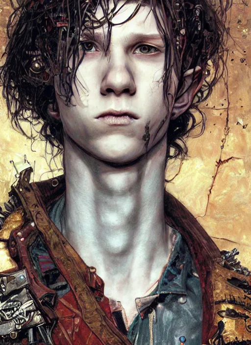 Image similar to portrait of young gothic Tom Holland, cyberpunk, Warhammer, highly detailed, artstation, illustration, art by Gustav Klimt and Range Murata and Katsuya Terada