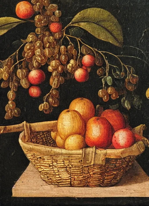 Image similar to a 1 6 th century oil painting of a fruit in a basket beside a tree. high quality scan