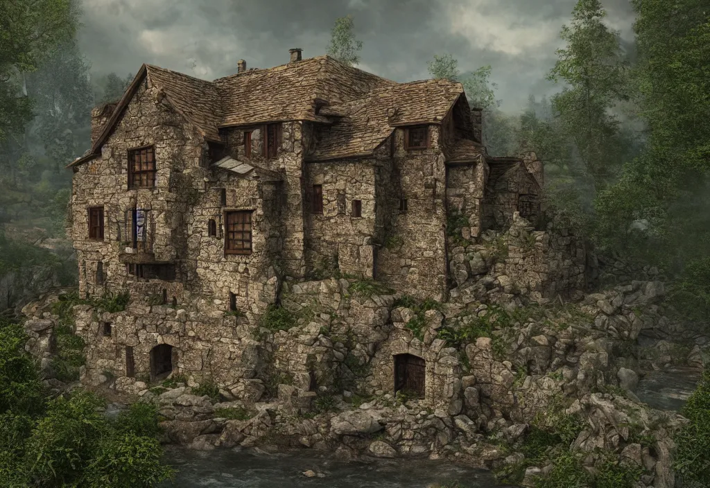 Image similar to a medieval stone house in a mountain near a river, extremely highly detailed, high quality, 8k HDR, trending on Artstation, concept art, cinematic lighting, DeviantArt