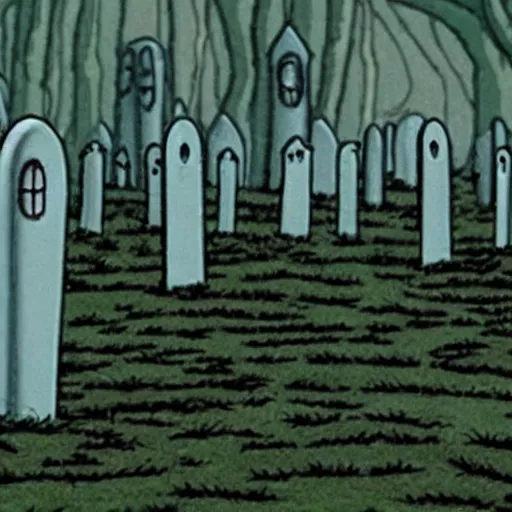 Prompt: film still of a haunted cemetery by tim burton and studio ghibli