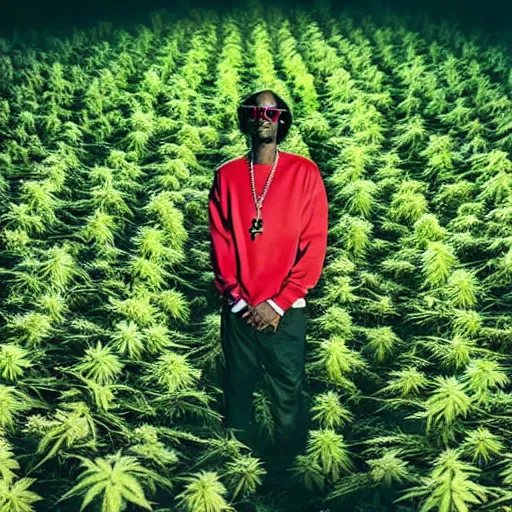 Prompt: Snoop Dogg in a marijuana field, cinematic lighting, award winning photography