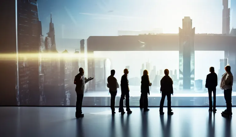 Image similar to group of people in simple white museum, looking at hologram of futuristic city on a table, cinematic concept art, godrays, golden hour, natural sunlight, 4 k, clear details, tabletop model buildings, center model buildings, hologram center, crane shot, crane shot, crane shot