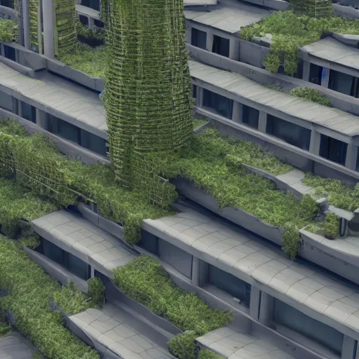 Image similar to scifi architecture, city, sustainable, ecology, green, parametric, brutal, concrete, people, realistic, octane render.