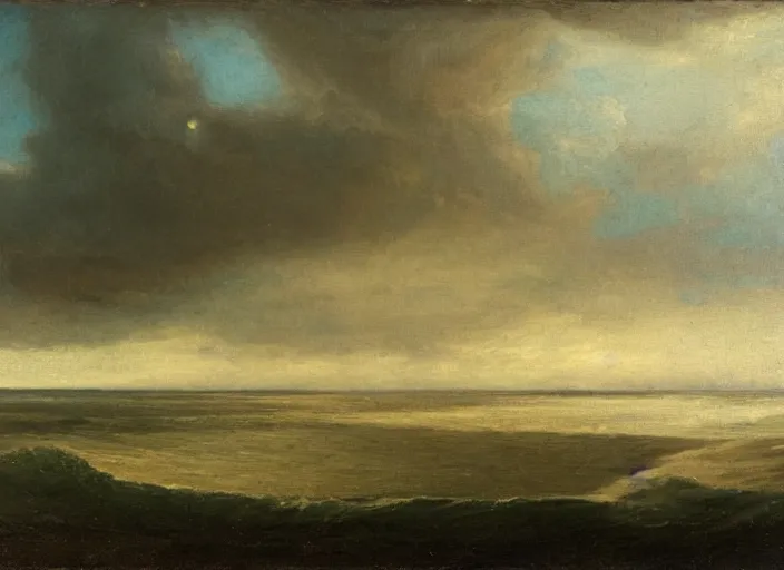 Image similar to the north sea ( doggerland ) frozen over and the water lowered during the last ice ages, in the style of hudson river school of art, oil on canvas