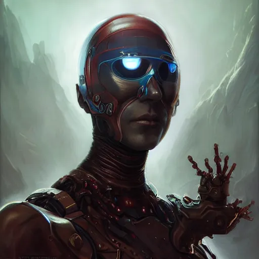 Image similar to portrait, augmented with technology cybernetic villain, red cybernetic eye, stern expression, elegant, highly detailed, digital painting, artstation, concept art, smooth, sharp focus, illustration, artgerm, tomasz alen kopera, peter mohrbacher, donato giancola, joseph christian leyendecker, wlop, frank frazetta