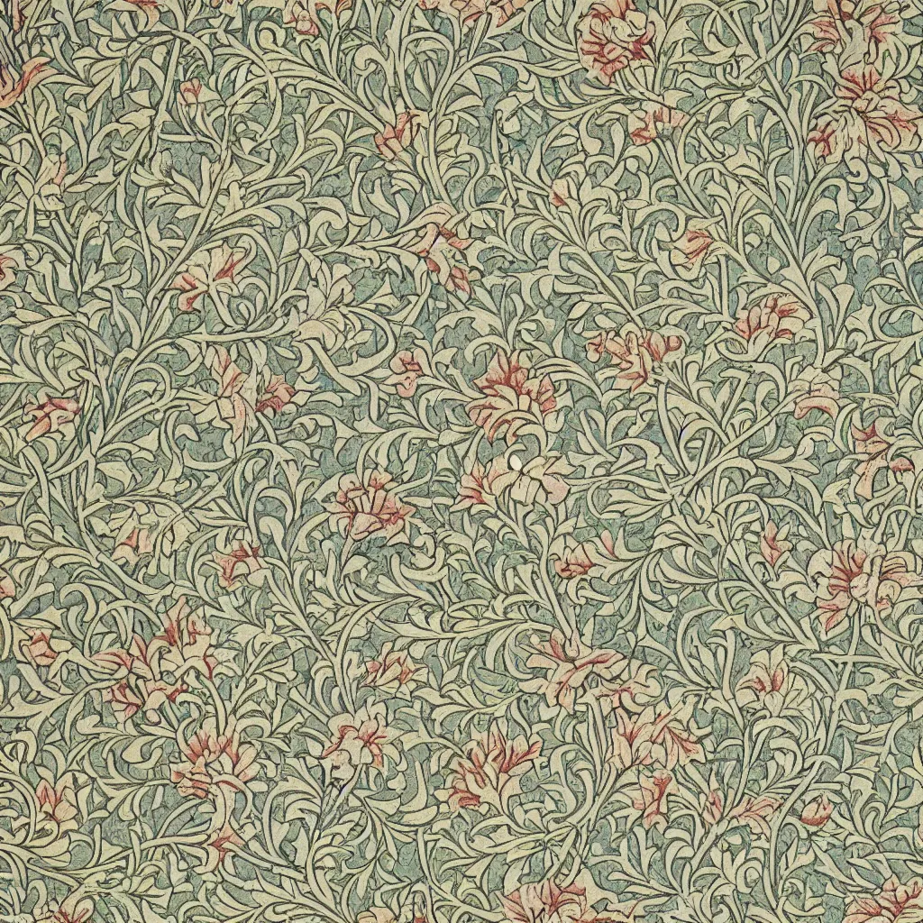 Prompt: detail of a floral wallpaper design by william morris