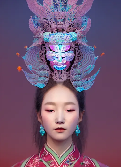 Image similar to 3 d goddess medium shot profile portrait. beautiful intricate highly detailed korean gumiho mask and traditional korean hanbok. stingray, magpie, bioluminescent, plasma, lava, ice, water, wind, creature, fog, artwork by tooth wu and wlop and beeple and greg rutkowski, in the style of hudson river school,