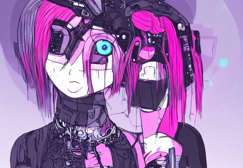 Image similar to little android girl with eccentric pink haircut wearing black feather dress, cyberpunk, anime style artwork, dark, neon, anatomically perfect