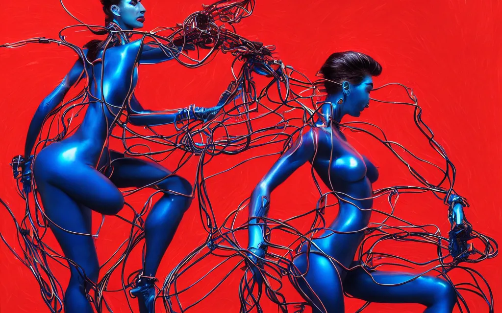 Image similar to beauty woman made of electrical wiring sitting on a stool, red, black, green, blue wires, , very detailed, dramatic lighting, mechanical details, back facing, electrical details, high details, 4k, 8k, trending on artstation, by Hajime Sorayama and Boris Vallejo