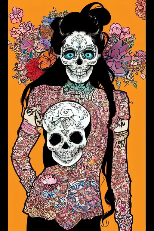 Image similar to skull portrait girl female skeleton illustration detailed patterns art of thai traditional dress, pop art, splash painting, art by geof darrow, ashley wood, alphonse mucha, makoto shinkai