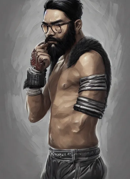 Prompt: a highly detailed illustration of bearded asian man wearing leather jacket with bandaged right hand, focused boxing philly shell stance pose, hands shielding face, intricate, elegant, highly detailed, centered, digital painting, artstation, concept art, smooth, sharp focus, league of legends concept art, WLOP