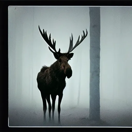 Image similar to polaroid of a moose with a cheeky smile, foggy, cinematic shot, photo still from movie by denis villeneuve, wayne barlowe