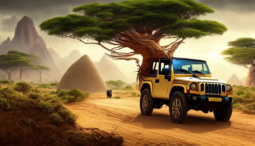 Image similar to mahindra thar driving through madagascar with baobabs trees, tribe members chasing for an attach, action scene, an epic fantasy, artgerm and greg rutkowski and alphonse mucha, an epic fantasy, volumetric light, detailed, establishing shot, an epic fantasy, cinematic, photorealistic, ultrarealistic, trending on art station, octane render, midsommar