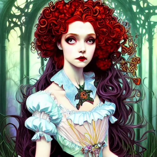 Prompt: a modern gothic lolita version of Princess Merida, face, fantasy, intricate, elegant, highly detailed, digital painting, artstation, concept art, smooth, sharp focus, illustration, art by Gerald Brom and Jasmine Becket-Griffith and Fernanda Suarez and alphonse mucha