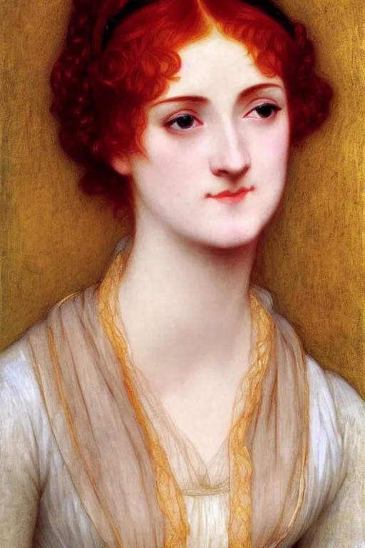 Image similar to jane austen red hair, painting by rossetti bouguereau, detailed art, artstation