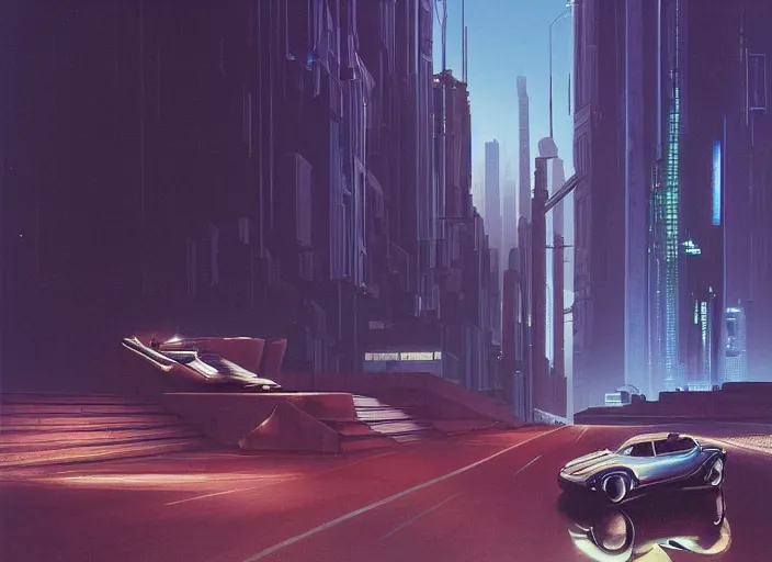 Image similar to a car driving down a street next to tall buildings the night at mignight, cyberpunk art by Chesley Bonestell, cgsociety, retrofuturism, matte painting, reimagined by industrial light and magic