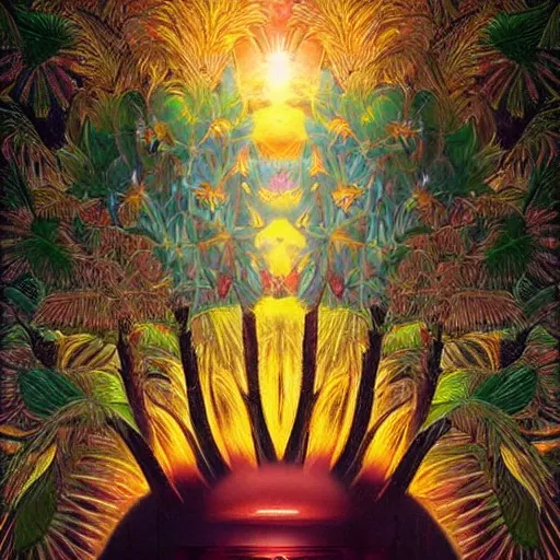 Image similar to A beautiful photograph. It has no visible auditory organs, just eyes, human eyes, hundreds of them, in the ends of stalks that radiate from its body like some exotic fruit. backlit, camera obscura by Patrice Murciano, by Marianne North peaceful