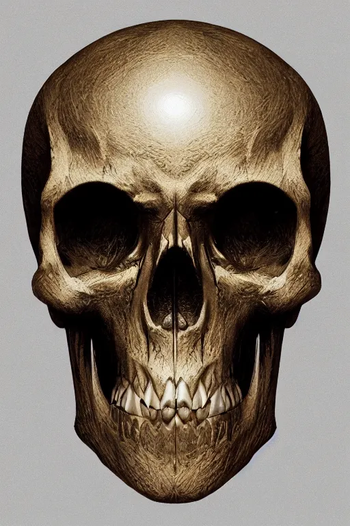 Image similar to skull, close - up portrait, powerful, intricate, elegant, volumetric lighting, digital painting, highly detailed, artstation, sharp focus, illustration, concept art, intricate ink pen, gold leaf