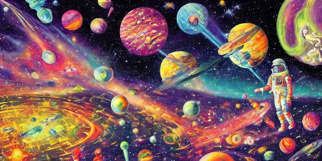 Image similar to a beautiful painting of an elaborate space scene painted by bosch and lisa frank, detailed