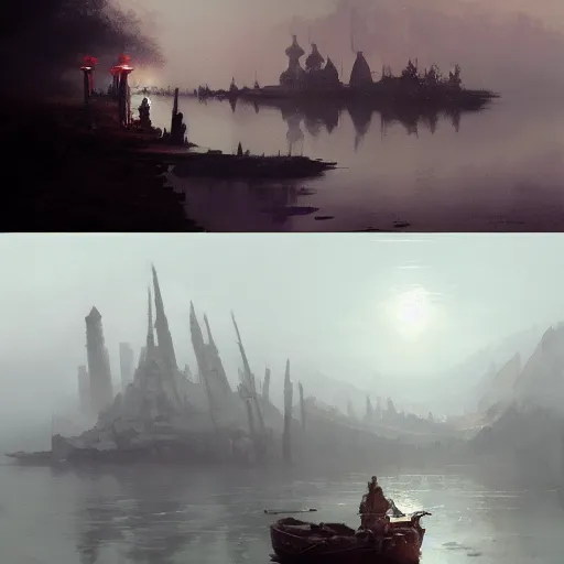 Image similar to concept art, river lanterns, by james gurney, greg rutkowski, john howe, artstation