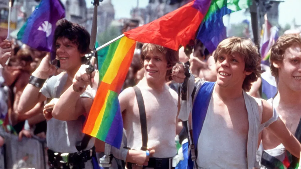 Image similar to rotj luke skywalker goes to pride, getty images, victorious, flags, parade, gay rights, bright smiles, daylight, twenty three year old luke skywalker at gay pride, 3 5 mm photography, very happy, played by young mark hamill, smiling