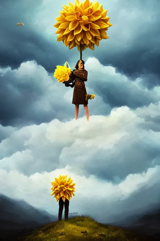 Image similar to closeup girl with huge yellow dahlia flower face, intricate, standing on mountain, surreal photography, blue storm clouds, dramatic light, impressionist painting, digital painting, artstation, simon stalenhag