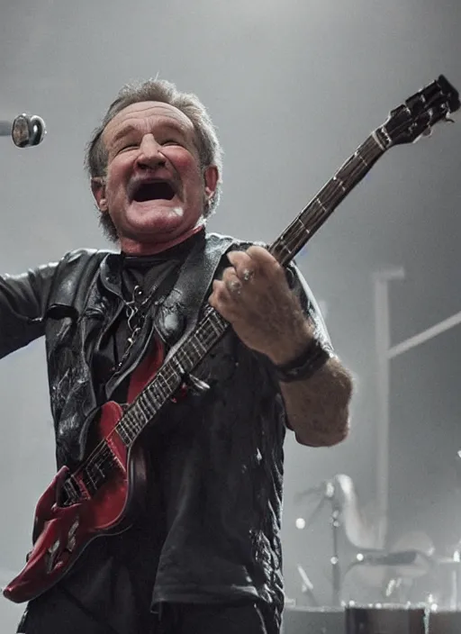 Image similar to promotional image of robin williams as a heavy metal singer, rugged black clothes, detailed face, movie still frame, promotional image, imax 70 mm footage