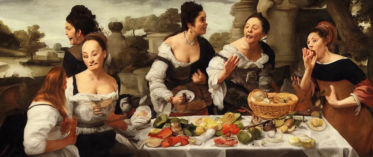 Prompt: painting portrait of ( ( ( two women yelling at cat meme ) ) ). taylor armstrong and kyle richards. crazy blonde woman sideview pointing and yelling at white cat that is eating vegetables from plate. accidental renaissance by diego velasquez, young woman, high resolution, very detailed art