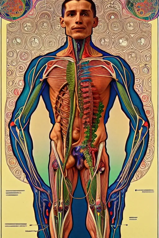 Image similar to extremely psychedelic anatomically accurate diagram of the full human muscular system, full body, intricate parts, fine details, hyper realistic, elegant minimalism, by seichen, alphonse mucha, surreal