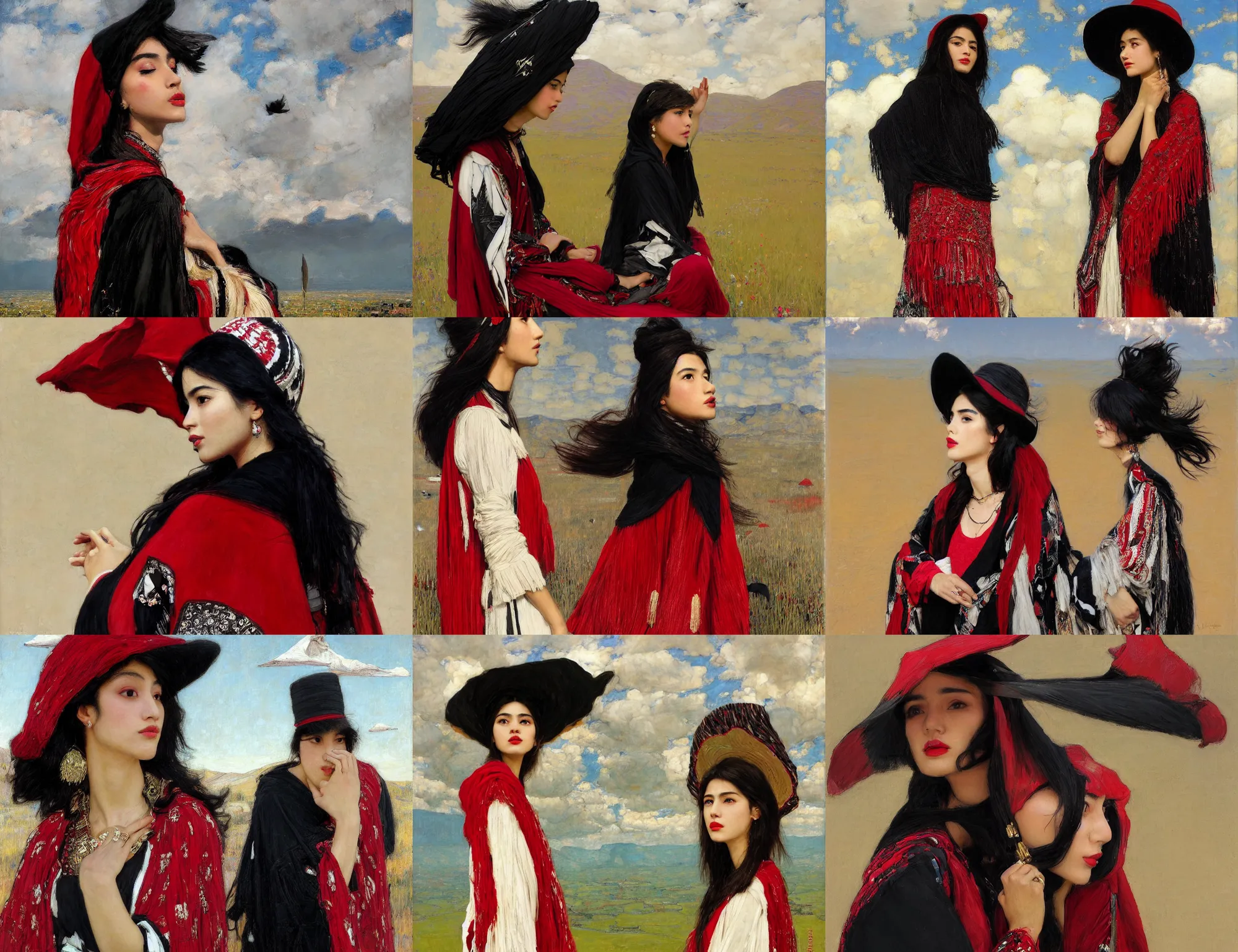 Prompt: profile side portrait of single fashionable young iranian asian girl wearing rich jewerly hat and black and red and white boho poncho standing on extremely strong wind in elegant decollete, low view, sitting dynamic pose, Low poly, thunder clouds in the sky, nature, artwork by john william waterhouse and Denis Sarazhin and klimt and rhads and Dean Ellis and Detmold Charles Maurice illustration, intimidating lighting, incredible art by artgerm and greg rutkowski and alphonse mucha and simon stalenhag